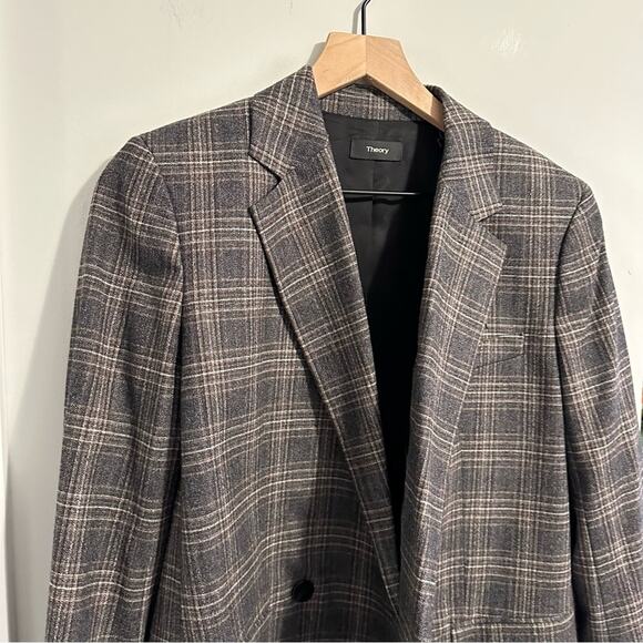 Theory Gray Plaid Wool Double Breasted Blazer Jacket 8 - Picture 14 of 14